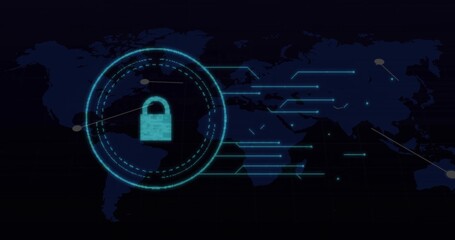 Glowing turquoise padlock icon pulsing within circular interface on blue world map, with neon lines