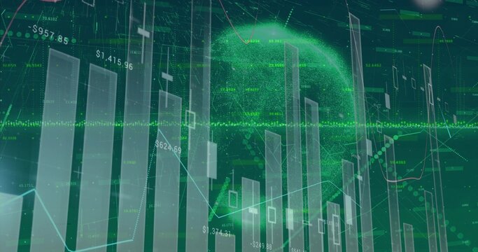 Displaying bar charts, candlestick and line graphs on trading platform showing price labels, sphere