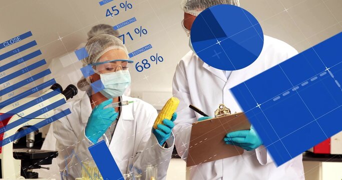 Two scientists wearing gloves injecting corn sample in lab, with syringe and data overlays