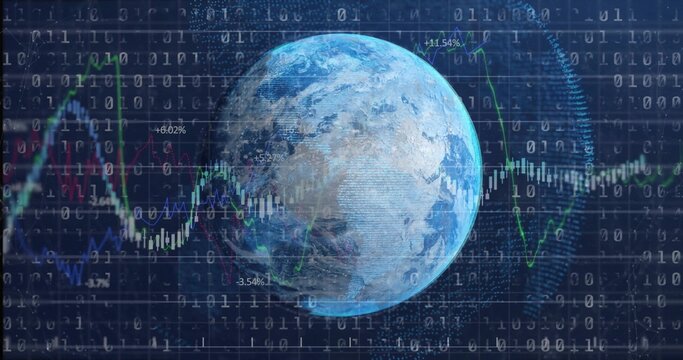 Showing blue globe pulsing in dashboard, featuring binary digits, line graphs, percentage markers