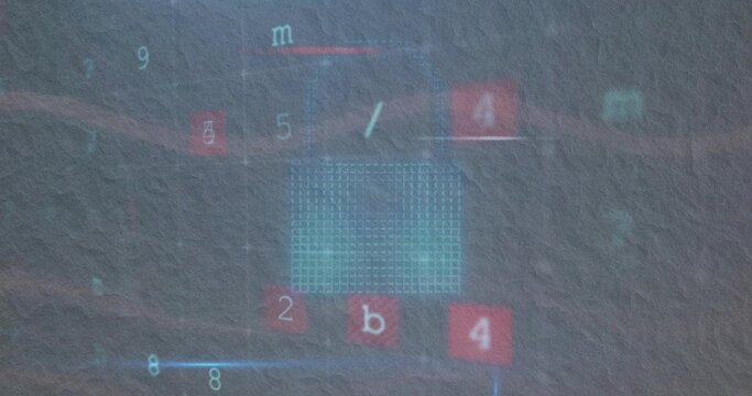 Digital interface overlay appearing on gray wall in dark room, with floating numerals and blue grid - Powered by Adobe