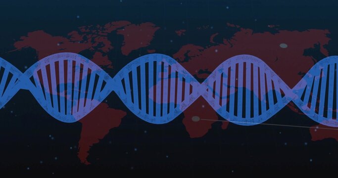 Blue DNA helix stretching across virtual backdrop, with red world map silhouette and data nodes