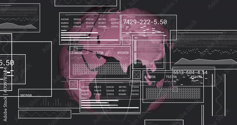 Poster rotating stylized pink world globe on dashboard, with white ui panels displaying numeric data grids