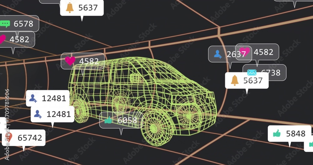 Aufkleber displaying neon green wireframe suv model within dark grid room, with floating notification bubbles