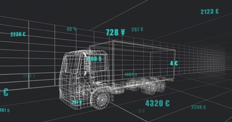 Rotating wireframe semi-trailer truck model floating in grid, displaying turquoise currency values