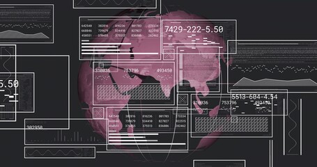 Rotating stylized pink world globe on dashboard, with white UI panels displaying numeric data grids