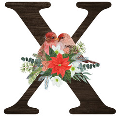 Watercolor illustration of the letter X decorated with winter birds — cardinal, bohemian waxwing, blue jay, hoary redpoll — and Christmas plants. Perfect for monograms and festive designs.