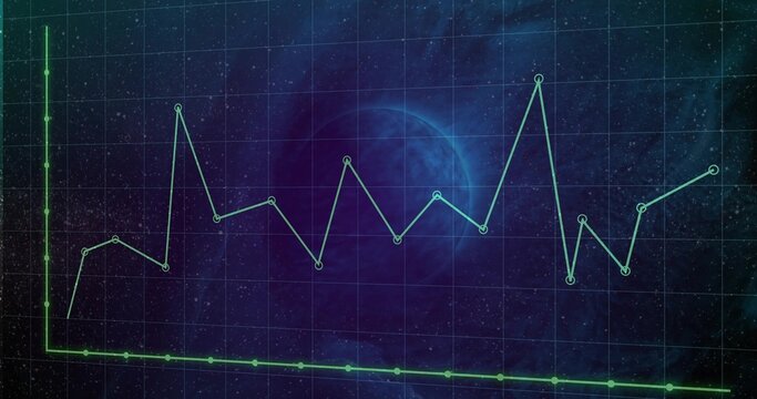 Naklejki Plotting two lines showing green, teal circular markers on space grid axes, with stars, blue planet