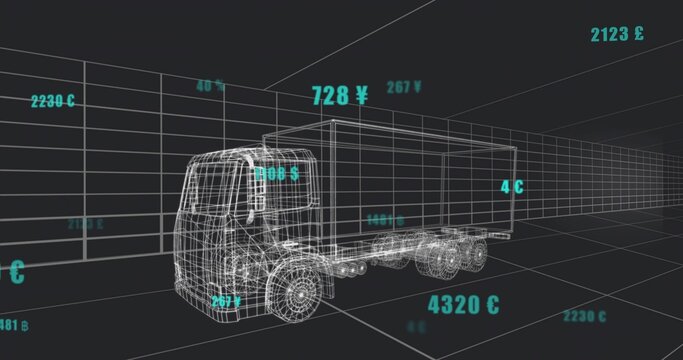 Rotating wireframe semi-trailer truck model floating in grid, displaying turquoise currency values