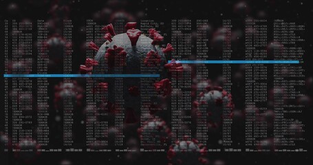 Floating central virus particle exhibiting red spikes in data panel with code lists and blue lines