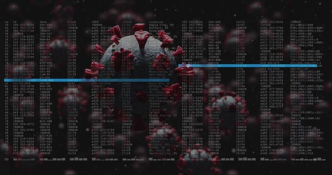 Floating central virus particle exhibiting red spikes in data panel with code lists and blue lines - Powered by Adobe