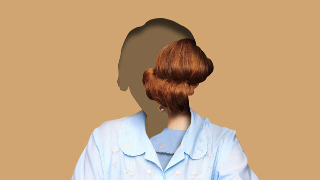 Fototapeta Creative digital artwork. Faceless woman with red hair bun inside silhouette on beige background. Concept of identity, psychology, culture, and artistic visual metaphor for self-perception.