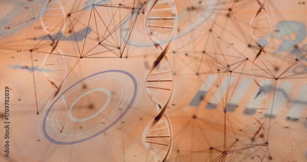 Fototapete displaying dna strands on digital screen with nodes lines circular charts and data annotations