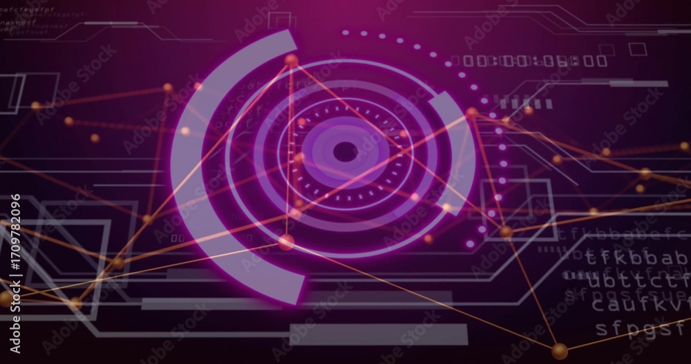 Poster displaying neon-purple concentric circular hud on screen, with arc segments and floating code