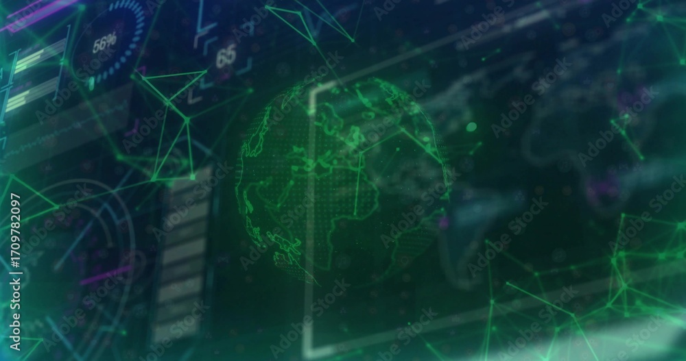 Poster animating green wireframe globe on interface, showing grids, panels, gauge, readouts and node lines