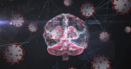 Floating brain hologram linking 3D virus models in virtual space, with neon-blue lines
