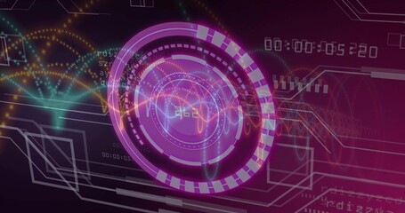 Showing purple circular HUD pulsing in dashboard, with waveforms, code fragments and timer display