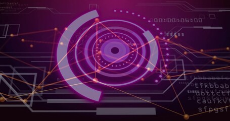 Displaying neon-purple concentric circular HUD on screen, with arc segments and floating code