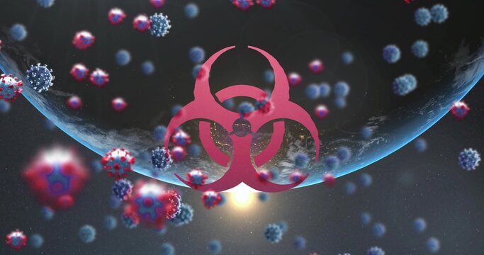 Naklejki Hovering red biohazard symbol dominating outer space scene, with Earth globe and virus particles