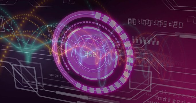 Showing purple circular HUD pulsing in dashboard, with waveforms, code fragments and timer display - Powered by Adobe