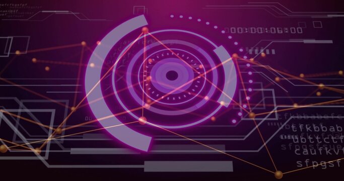 Displaying neon-purple concentric circular HUD on screen, with arc segments and floating code