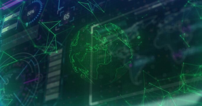 Animating green wireframe globe on interface, showing grids, panels, gauge, readouts and node lines - Powered by Adobe