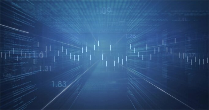 Rendering candlestick chart showing numeric labels in virtual interface with code and light streams