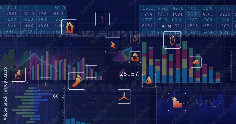Poster displaying digital energy dashboard at futuristic interface, showing bar charts and energy icons
