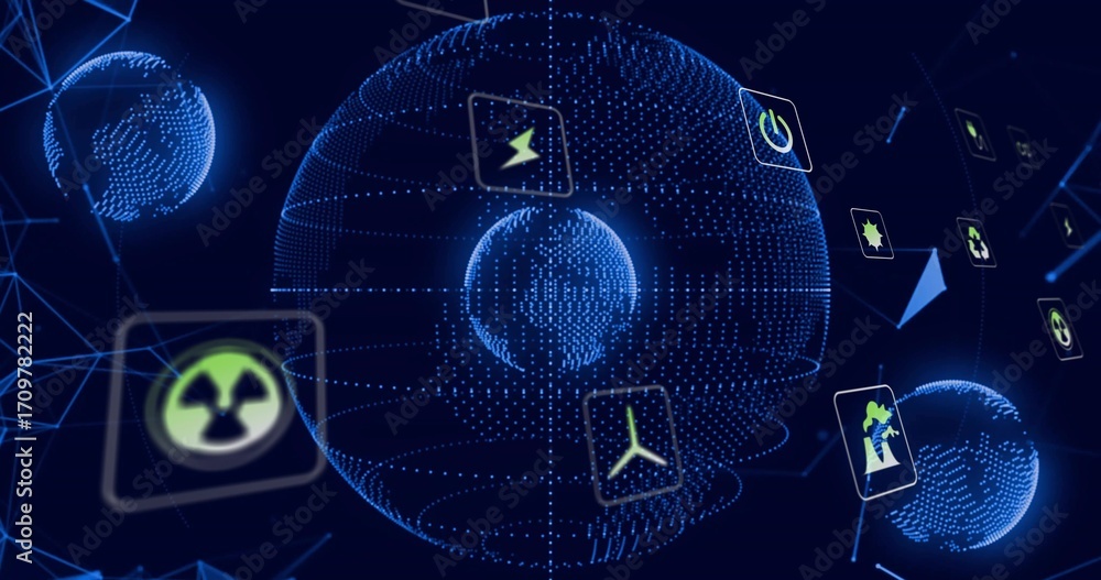 Poster floating central wireframe globe displaying neon-green energy icons in dark virtual network space
