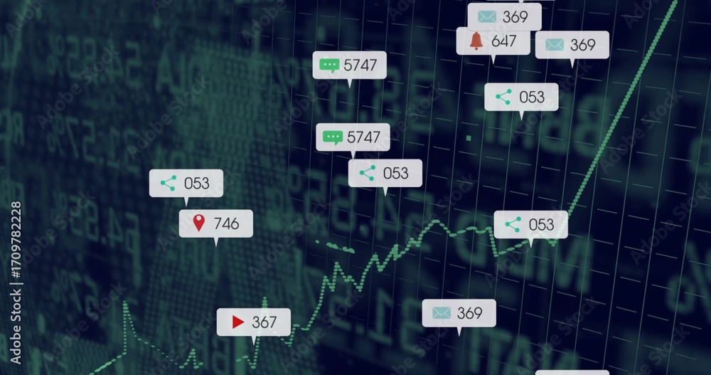 Poster showing green ascending line chart at trading dashboard, floating notification icons with counts