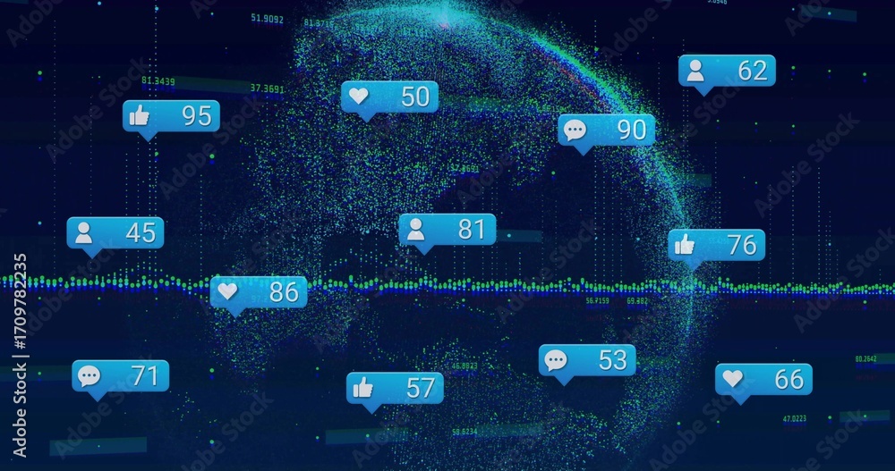 Aufkleber displaying glowing 3d point-cloud globe on virtual analytics dashboard showing social media metrics