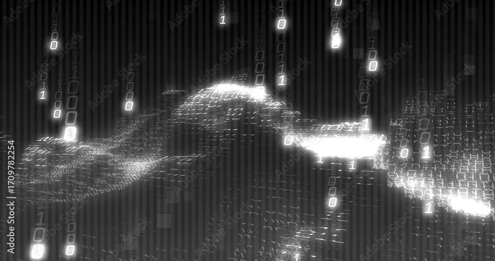Poster cascading binary digits forming undulating wave in cyberspace, with code streams and grid squares