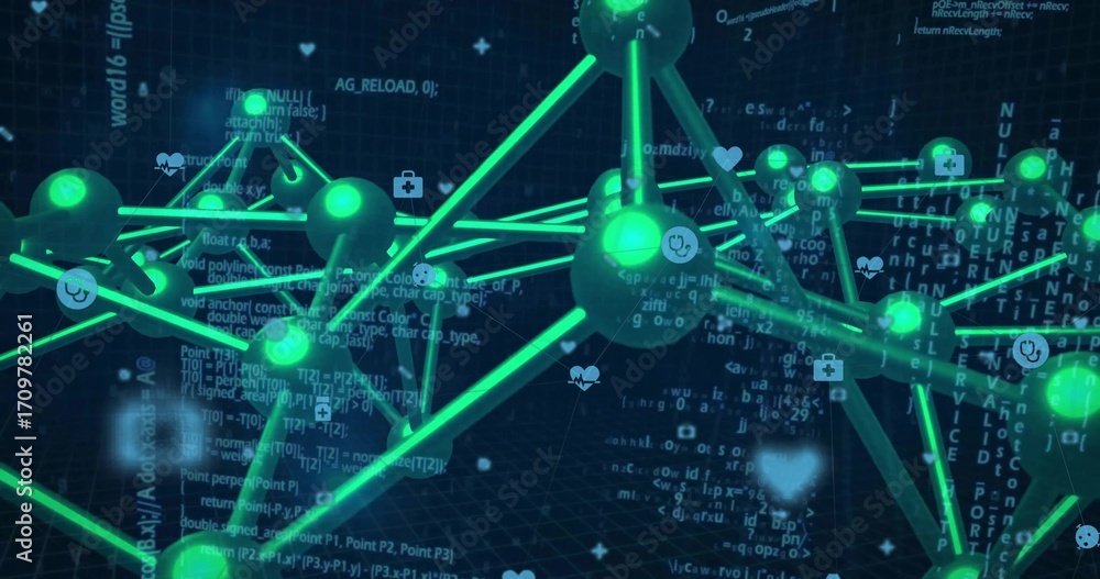 Poster displaying network connecting green spherical nodes in data network, with code and medical icons