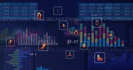Displaying digital energy dashboard at futuristic interface, showing bar charts and energy icons