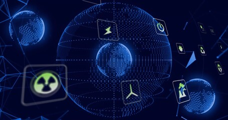 Floating central wireframe globe displaying neon-green energy icons in dark virtual network space
