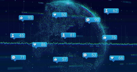 Displaying glowing 3D point-cloud globe on virtual analytics dashboard showing social media metrics