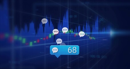 Floating blue chat bubble showing 68 on dashboard, with candlestick bars and speech-bubble icons