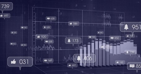 Displaying 3D dashboard forming cube grid in space, with bar chart columns and metric icons