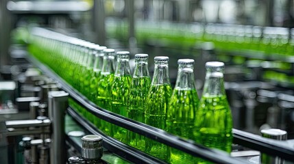 Green bottles on conveyor belt in factory