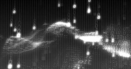 Cascading binary digits forming undulating wave in cyberspace, with code streams and grid squares