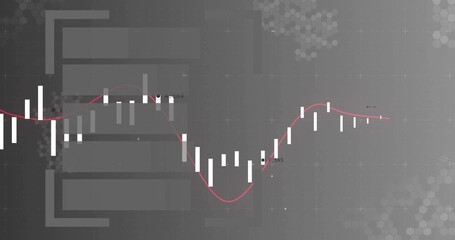 Grey candlestick chart showing price changes on trading dashboard, with red average line, UI panels