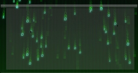 Flowing glowing green binary digits cascading over dark grid backdrop, with digital rain effect
