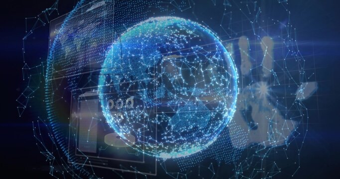 Floating holographic globe rotating in virtual data space, with network mesh and hand silhouette