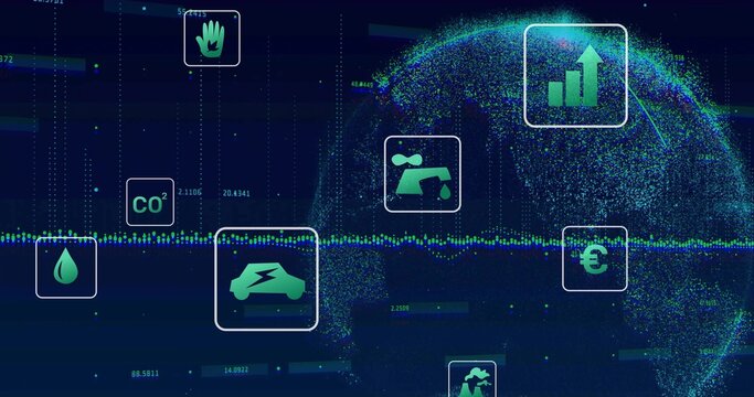 Fototapeta Displaying pixelated globe in blue data visualization, featuring CO? symbol and electric car icon
