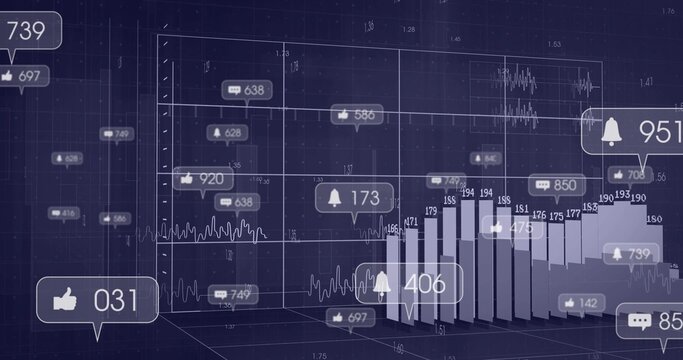 Displaying 3D dashboard forming cube grid in space, with bar chart columns and metric icons