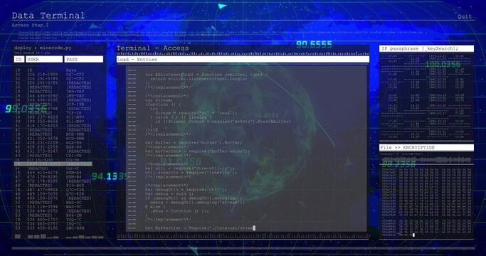 Rendering code editor over globe in terminal, with security panels, neon readouts and grid overlays