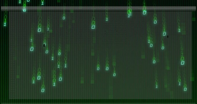 Flowing glowing green binary digits cascading over dark grid backdrop, with digital rain effect
