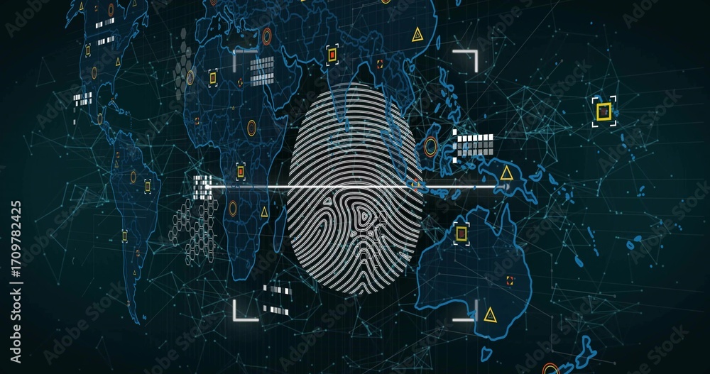 Poster fingerprint icon scanning under scanline onscreen network map, clusters or markers, targeting bracke