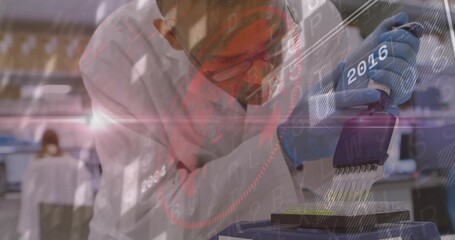 Leaning scientist in lab coat and gloves transferring liquid into microplate with pipette at bench