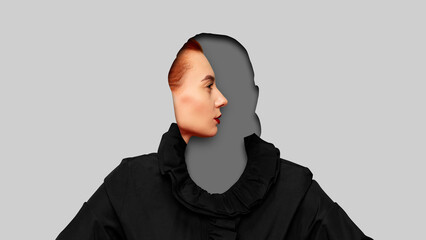 Graphic composition. Surreal faceless woman with profile portrait inside head silhouette. Concept of psychology, self-reflection, theater culture, and artistic identity exploration. © master1305